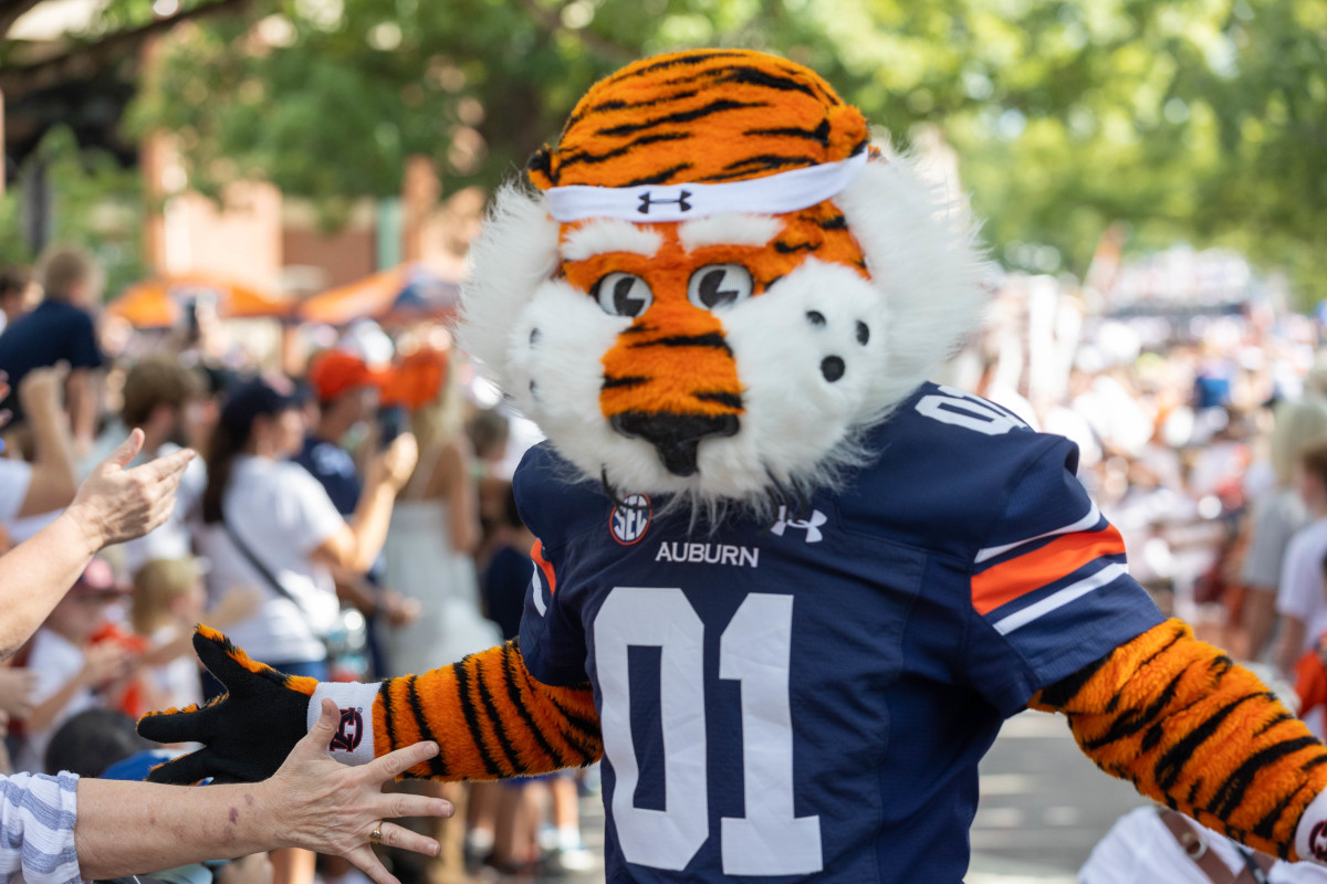 Aubie leads the team out for the first Tiger Walk of the season prior to the game between the Mercer Bears and the Auburn Tigers at Jordan-Hare Stadium on Sept. 3, 2022.