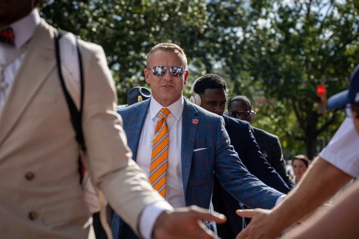 Auburn Tigers head coach Bryan Harsin closes out the first Tiger Walk of the season prior to the game between the Mercer Bears and the Auburn Tigers at Jordan-Hare Stadium on Sept. 3, 2022.