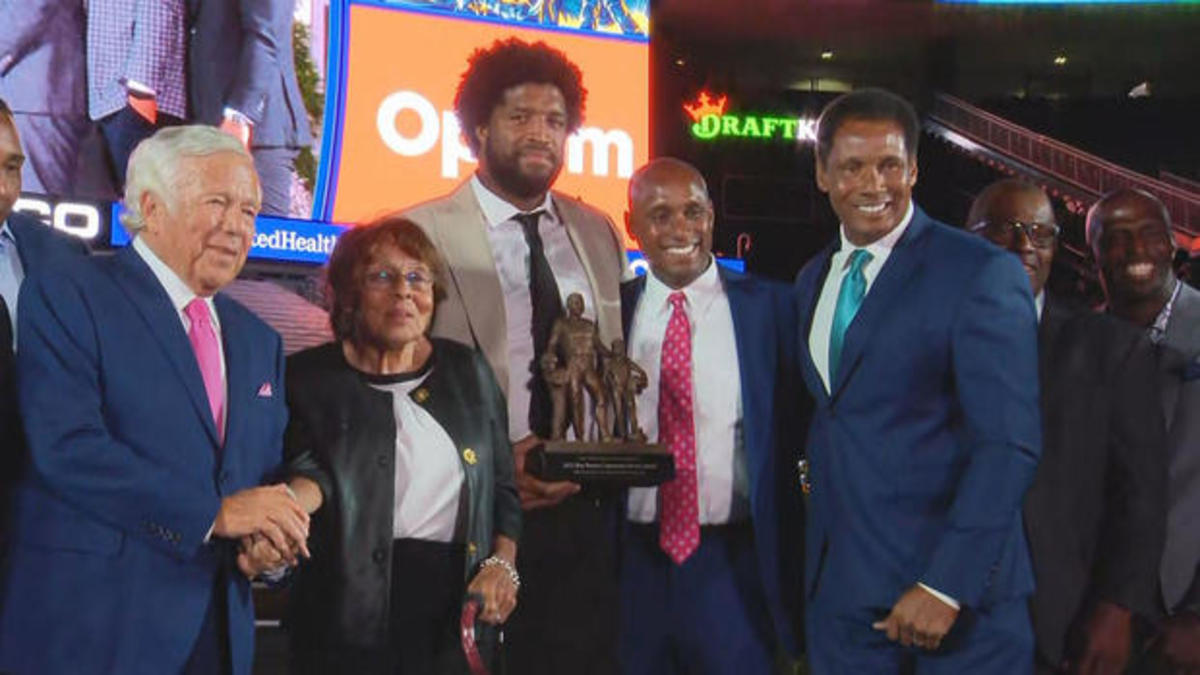 Patriots DE Deatrich Wise, Jr. is presented with the Ron Burton Community Service Award on Thursday, September 1, 2022 at Gillette Stadium in Foxboro, Massachusetts.