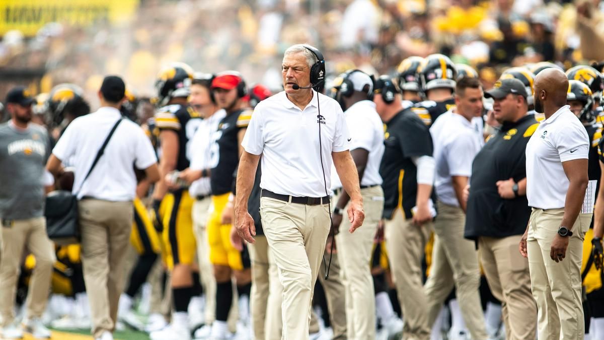 Iowa head coach Kirk Ferentz walks along the sideline during a NCAA football game against South Dakota State, Saturday, Sept. 3, 2022, at Kinnick Stadium in Iowa City, Iowa.