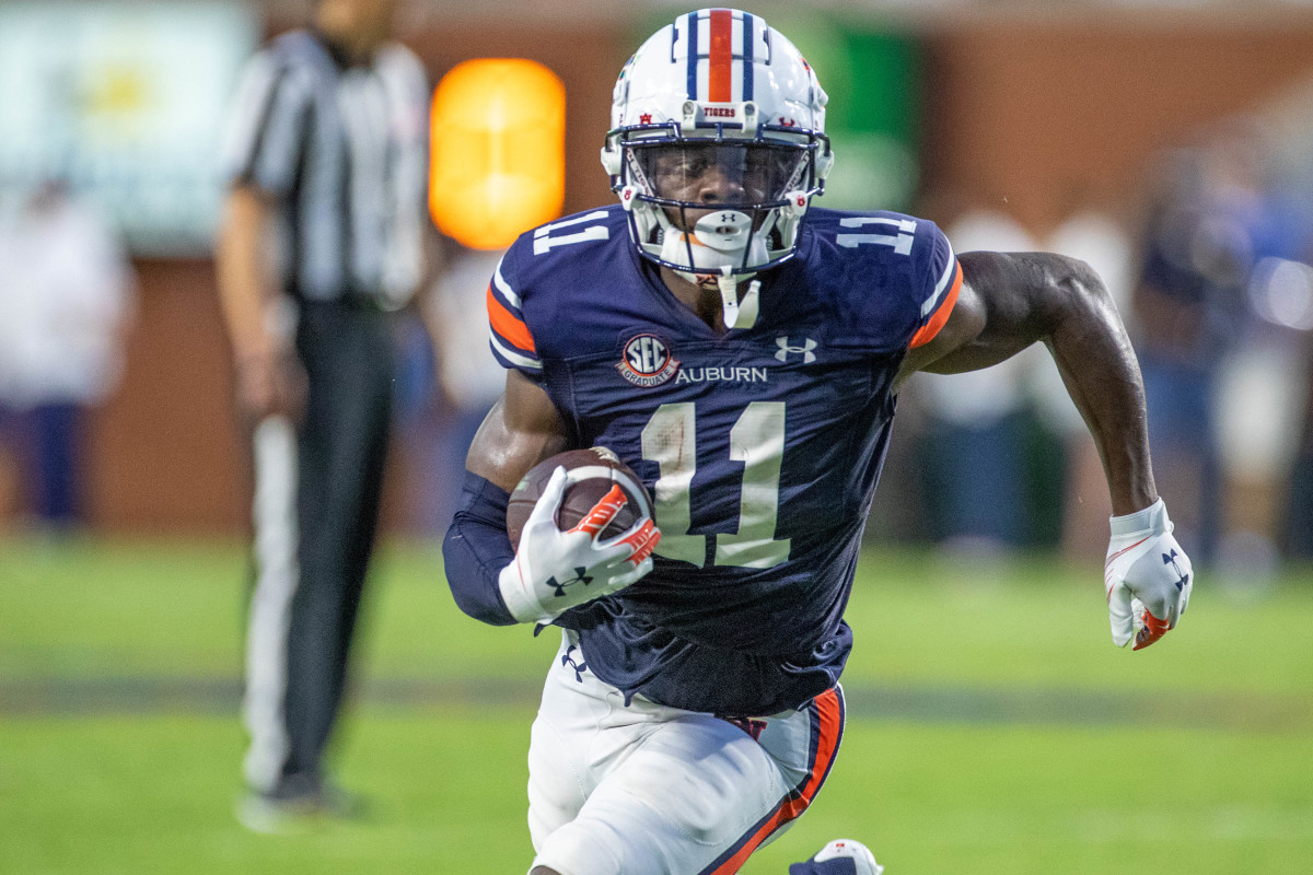 Auburn Tigers wide receiver Shedrick Jackson (11) gets some room to run during the game between the Mercer Bears and the Auburn Tigers at Jordan-Hare Stadium on Sept. 3, 2022.