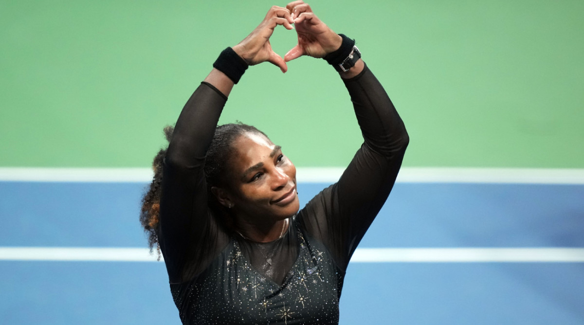 Serena Williams gestures to the crowd with a heart after a match against Ajla Tomljanovic of Australia on day five of the 2022 U.S. Open tennis tournament at USTA Billie Jean King Tennis Center.