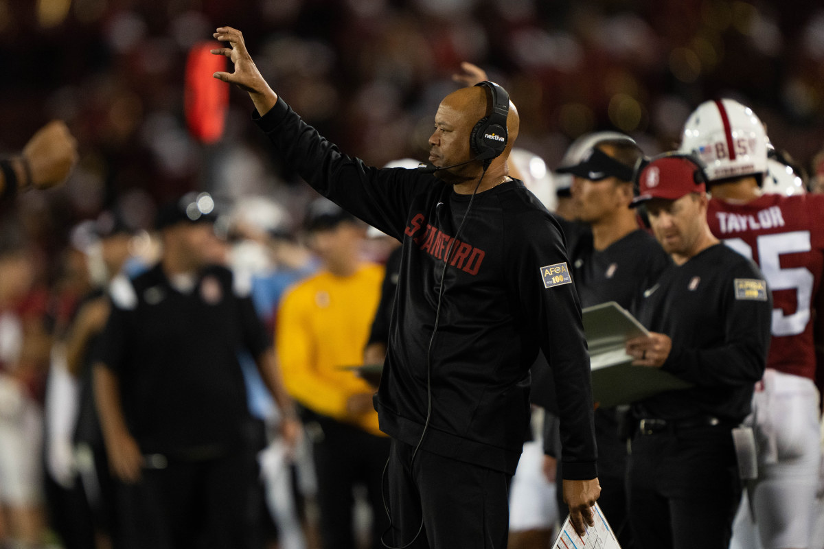 Stanford Cardinal head coach David Shaw signals during the fourth quarter against the Colgate Raiders at Stanford Stadium.