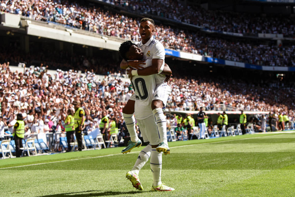 Scorers Vinicius Junior and Rodrygo (right) pictured celebrating during Real Madrid's 2-1 win over Real Betis in September 2022