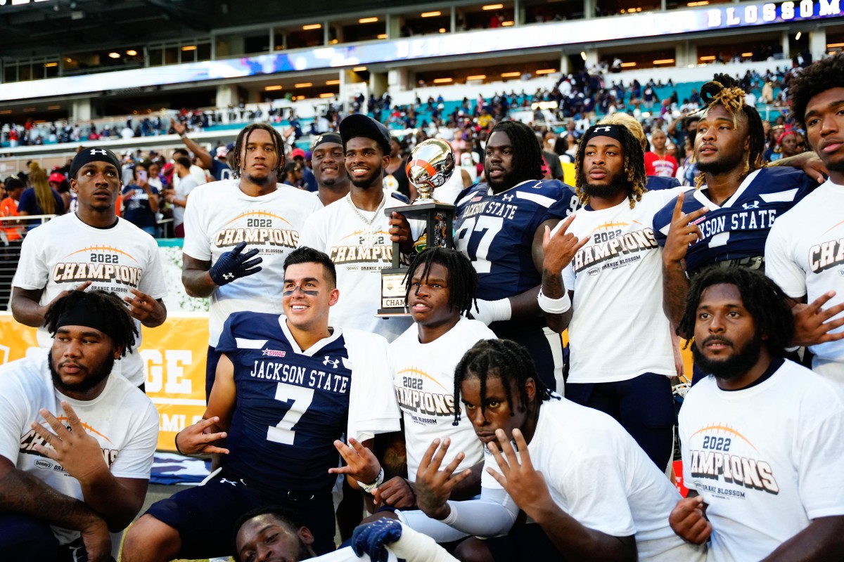 Sep 4, 2022; Miami, Florida, US; Jackson State Tigers celebrate their wins against the Florida A&M Rattlers at Hard Rock Stadium. Mandatory Credit: Rich Storry-USA TODAY Sports