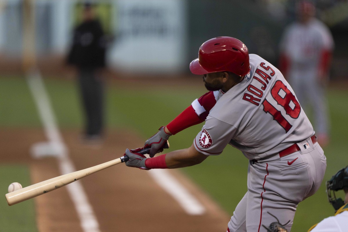 SF Giants infielder José Rojas takes a swing during his time with the Angels.