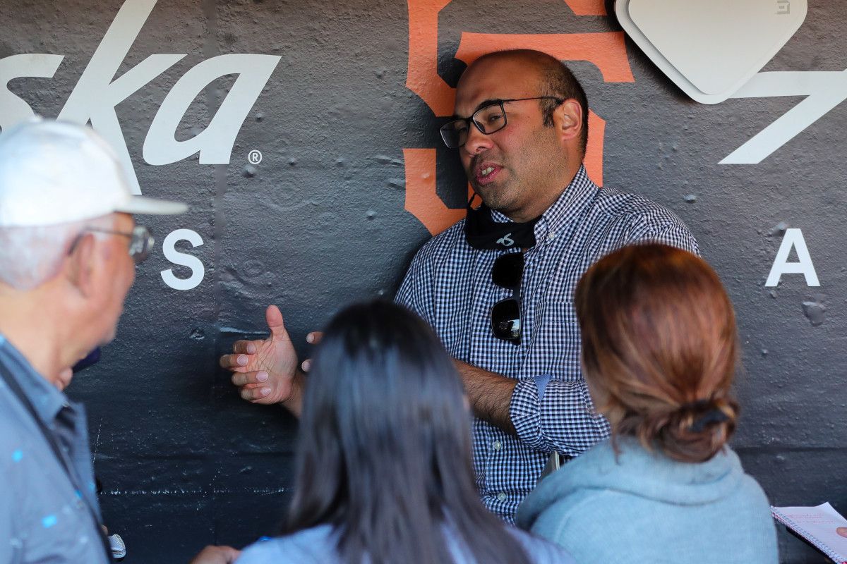 SF Giants president of baseball operations Farhan Zaidi talks to reporters. (2021)