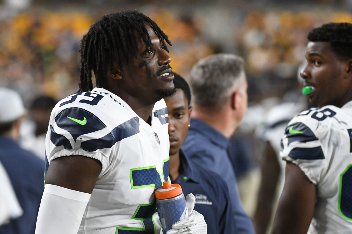 Aug 13, 2022; Pittsburgh, Pennsylvania, USA; Seattle Seahawks cornerback Tariq Woolen (39) on the sidelines against the Pittsburgh Steelers during the fourth quarter at Acrisure Stadium. Mandatory Credit: Philip G. Pavely-USA TODAY Sports