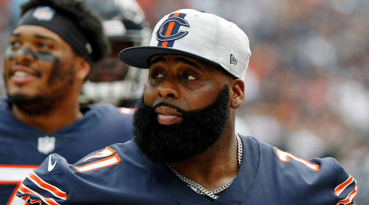 Chicago Bears offensive tackle Jason Peters (71) looks on from the sideline during the second half against the Buffalo Bills at Soldier Field. The Buffalo Bills won 41-15.