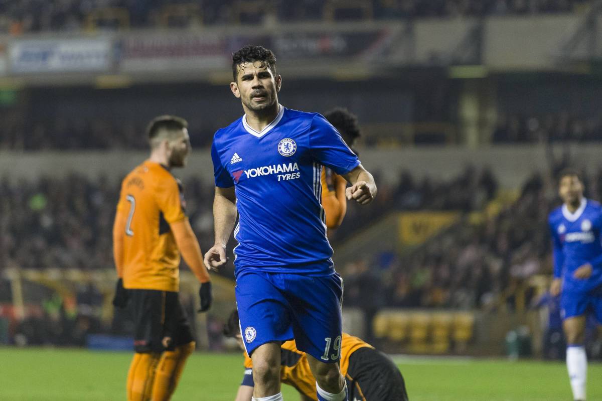 Diego Costa pictured playing for Chelsea against Wolves in February 2017