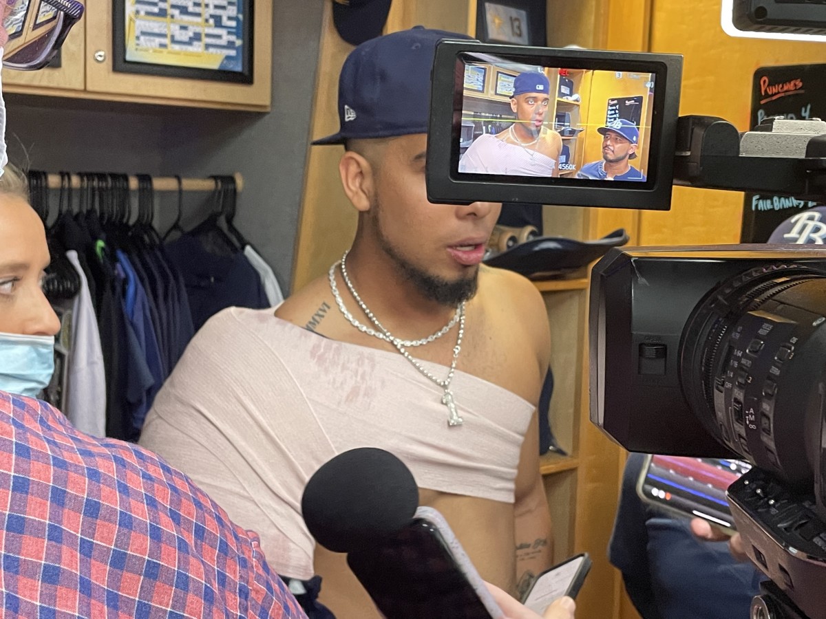Luis Patino meets with the media after pitching five innings on Monday in Tampa Bay's 4-3 win over the Boston Red Sox. 