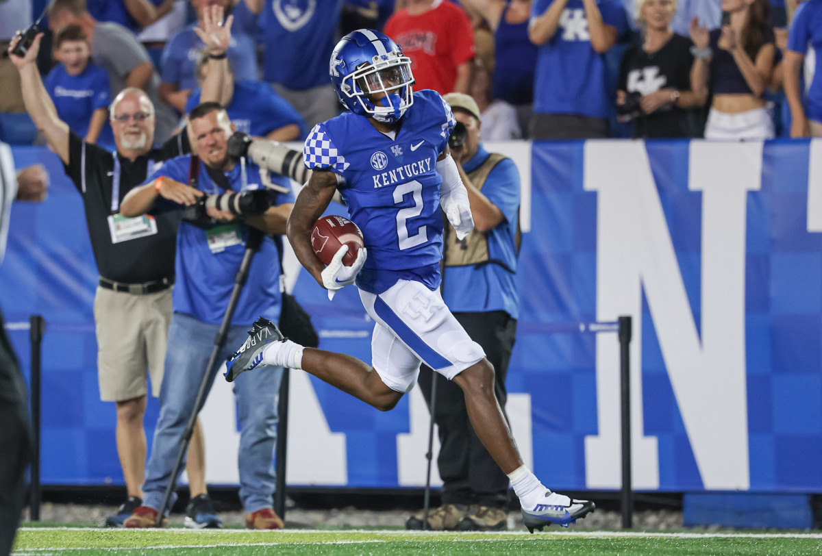 LEXINGTON, KY - SEPTEMBER 03: Barion Brown #2 of the Kentucky Wildcats returns a kickoff for a touchdown during the second half against the Miami (Oh) Redhawks at Kroger Field on September 3, 2022 in Lexington, Kentucky. (Photo by Michael Hickey/Getty Images)