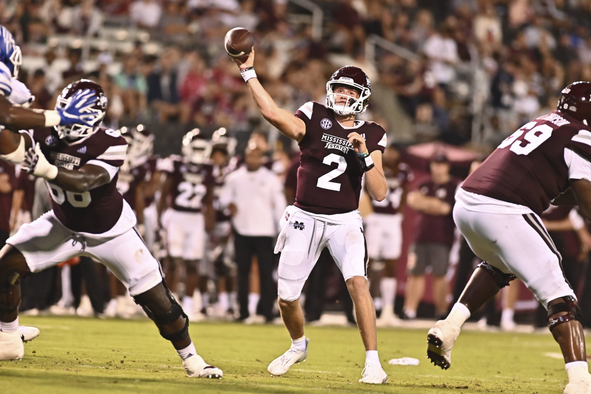 Sep 3, 2022; Starkville, Mississippi, USA; Mississippi State Bulldogs quarterback Will Rogers (2) makes a pass against the Memphis Tigers during the second quarter at Davis Wade Stadium at Scott Field. Mandatory Credit: Matt Bush-USA TODAY Sports