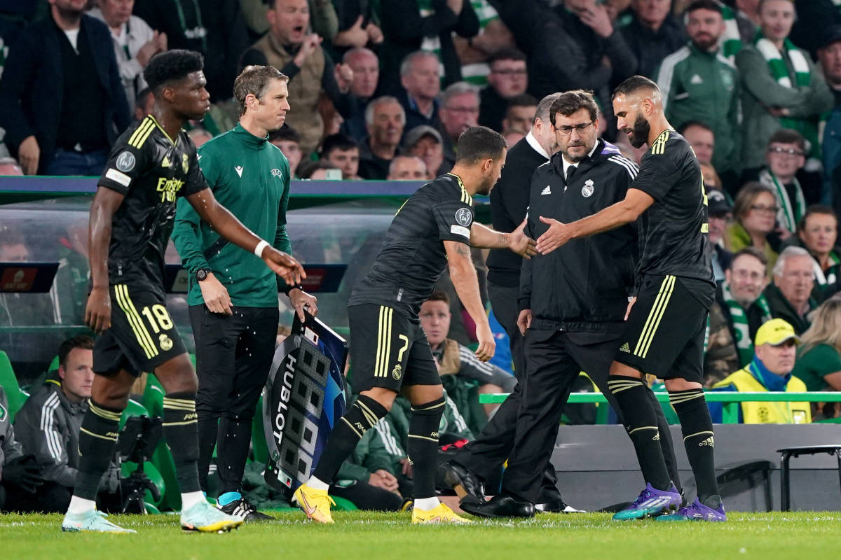 Karim Benzema pictured (right) being subbed off during Real Madrid's game at Celtic in September 2022 due to a knee injury