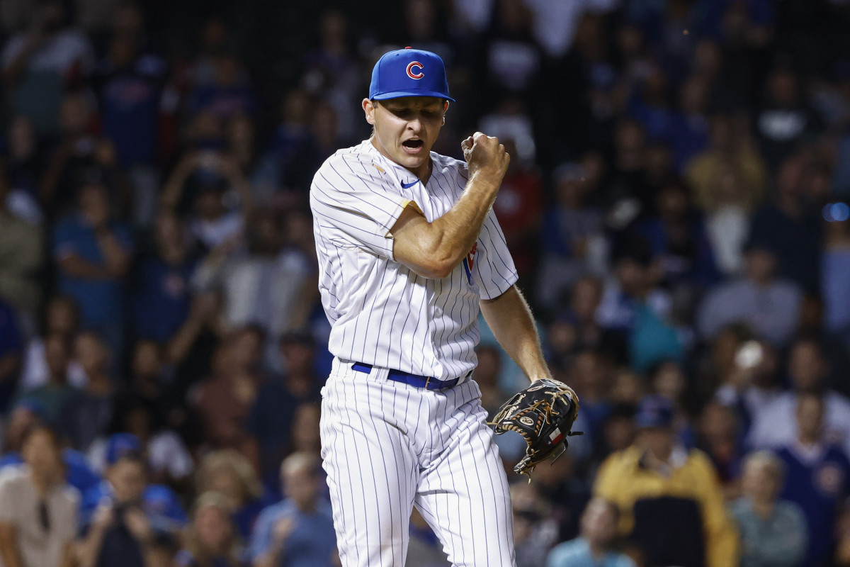 Chicago Cubs pitcher Hayden Wesneski reacts to securing the final out in his Major League debut. 