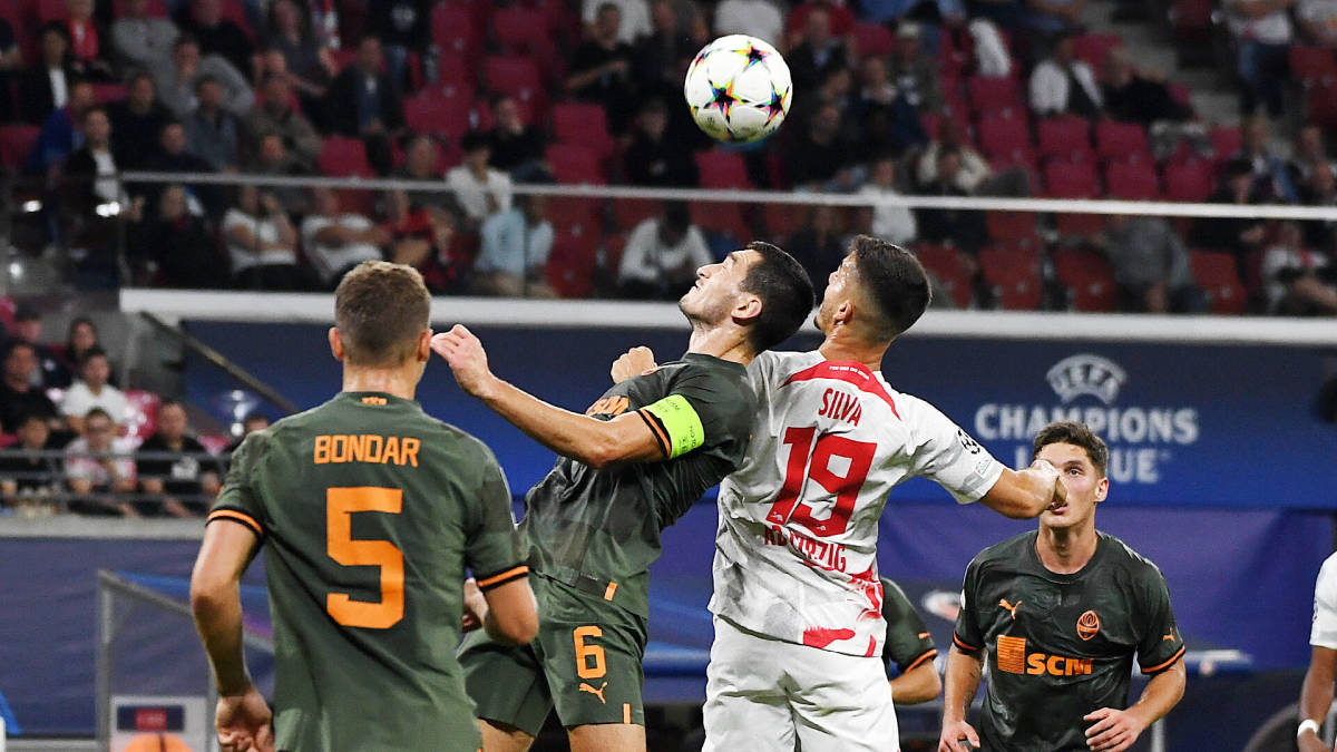 Shakhtar Donetsk no.6 and captain Taras Stepanenko pictured battling for a header during his side's 4-1 win over RB Leipzig in September 2022