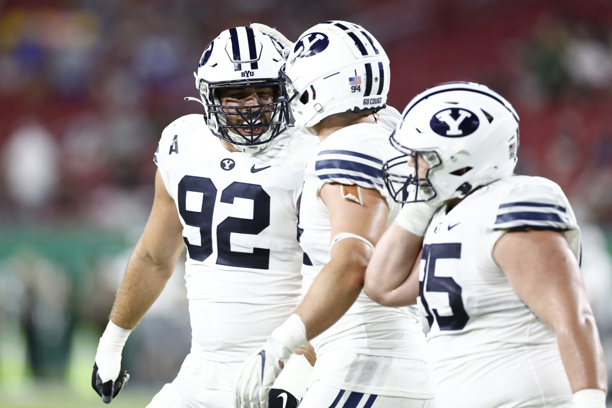 Sep 3, 2022; Tampa, Florida, USA; Brigham Young Cougars defensive lineman Tyler Batty (92) reacts against the South Florida Bulls during the second half at Raymond James Stadium. Mandatory Credit: Douglas DeFelice-USA TODAY Sports
