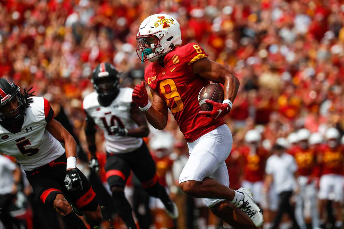 Iowa State wide receiver Xavier Hutchinson (8) runs to the end zone during the Iowa State, Southeast Missouri State game on Saturday, September 3, 2022 at Jack Trice Stadium in Ames, Iowa. The Cyclones are up 21-10 against the Redhawks.