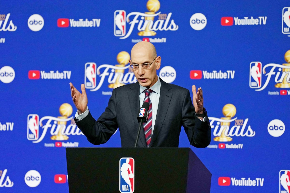 NBA commissioner Adam Silver talks to media before game one of the 2022 NBA Finals between the Golden State Warriors and the Boston Celtics at Chase Center