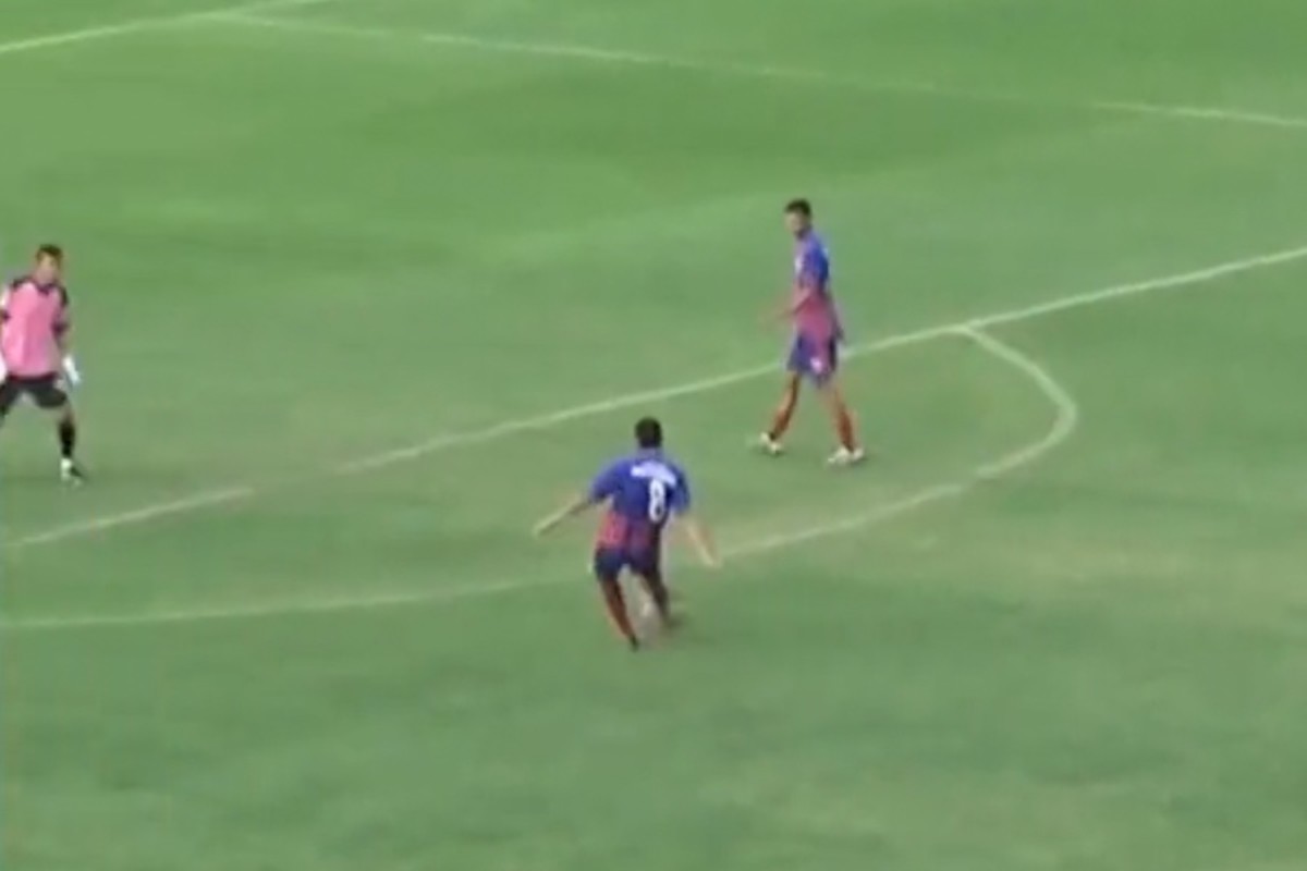 Julio Campos (no.8) pictured shooting past his own goalkeeper to score an own goal in the second division of the Amazonas State Championship in September 2022