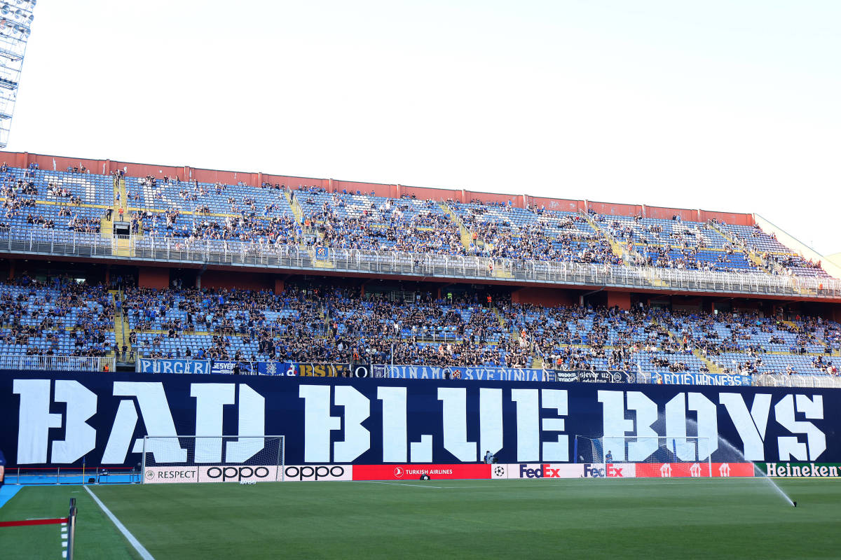 A huge banner, reading: "BAD BLUE BOYS", is pictured at Dinamo Zagreb's Stadion Maksimir ahead of a game against Chelsea in September 2022