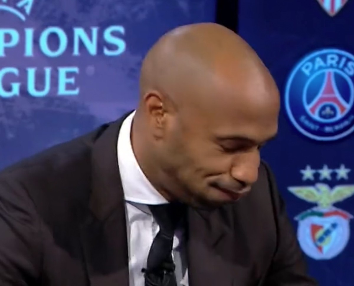 Thierry Henry pictured reacting to Clint Dempsey saying that he thinks Tottenham might win the Champions League