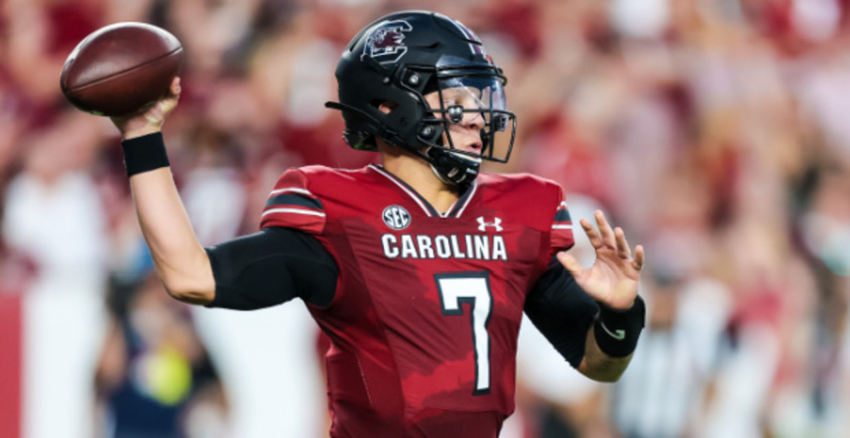 South Carolina Gamecocks quarterback Spencer Rattler throws a pass during a college football game in the SEC.