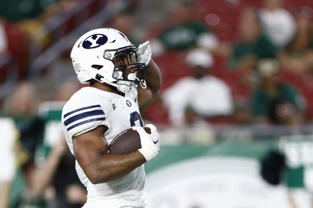 Sep 3, 2022; Tampa, Florida, USA; Brigham Young Cougars running back Christopher Brooks (2) reacts after running the ball in for a touchdown against the South Florida Bulls during the second half at Raymond James Stadium. Mandatory Credit: Douglas DeFelice-USA TODAY Sports