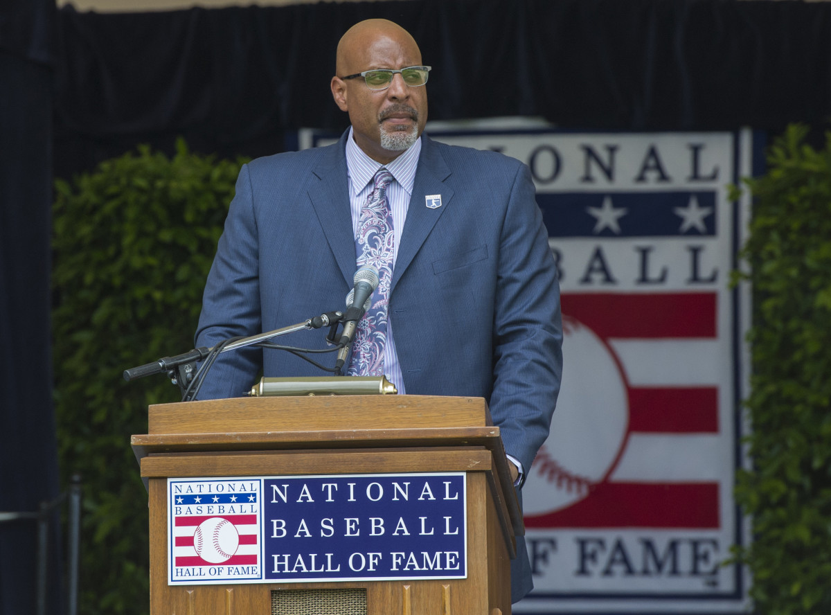 MLBPA president Tony Clark speaks at the National Baseball Hall of Fame.