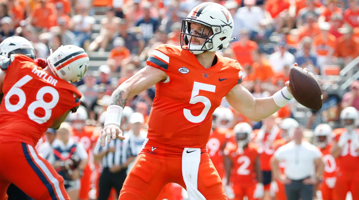 Sep 3, 2022; Charlottesville, Virginia, USA; Virginia Cavaliers Brennan Armstrong (5) throws the ball against Richmond Spiders during the second half at Scott Stadium.