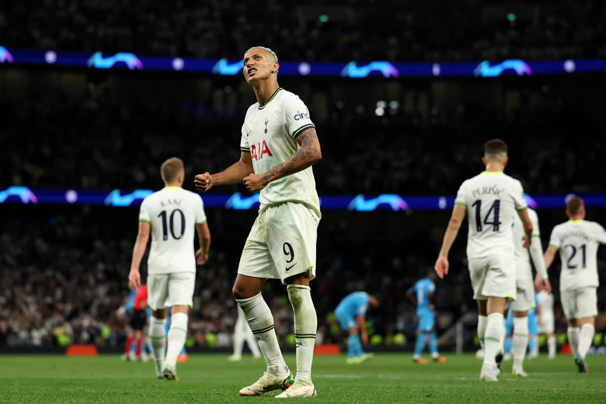 No.9 Richarlison pictured celebrating after scoring his first two goals for Tottenham in a 2-0 win over Marseille in September 2022