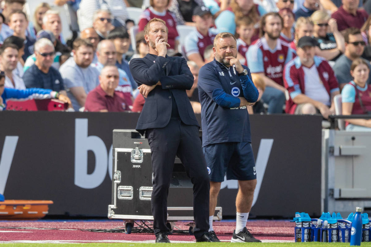 Brighton boss Graham Potter pictured (left) with assistant manager Billy Reid during a Premier League game against West Ham in August 2022