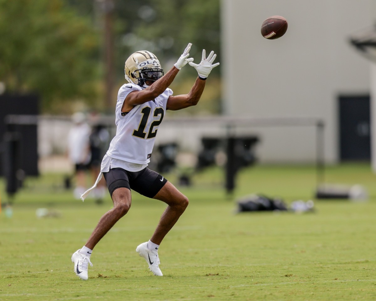 New Orleans Saints wide receiver Chris Olave (12) during training camp at Ochsner Sports Performance Center. Mandatory Credit: Stephen Lew-USA TODAY Sports