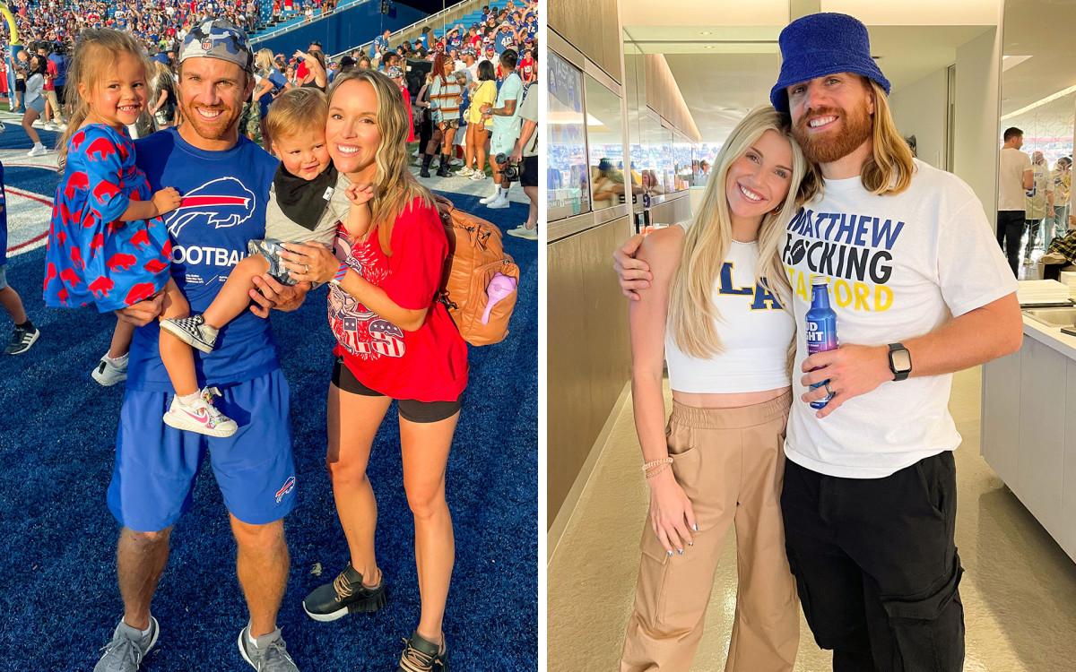 Bills WRs coach Chad Hall with his family in Buffalo and with sister Kelly Stafford during a Rams game in L.A.