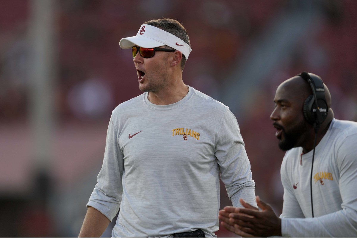 Southern California Trojans head coach Lincoln Riley reacts in the second half against the Rice Owls at United Airlines Field at Los Angeles Memorial Coliseum.