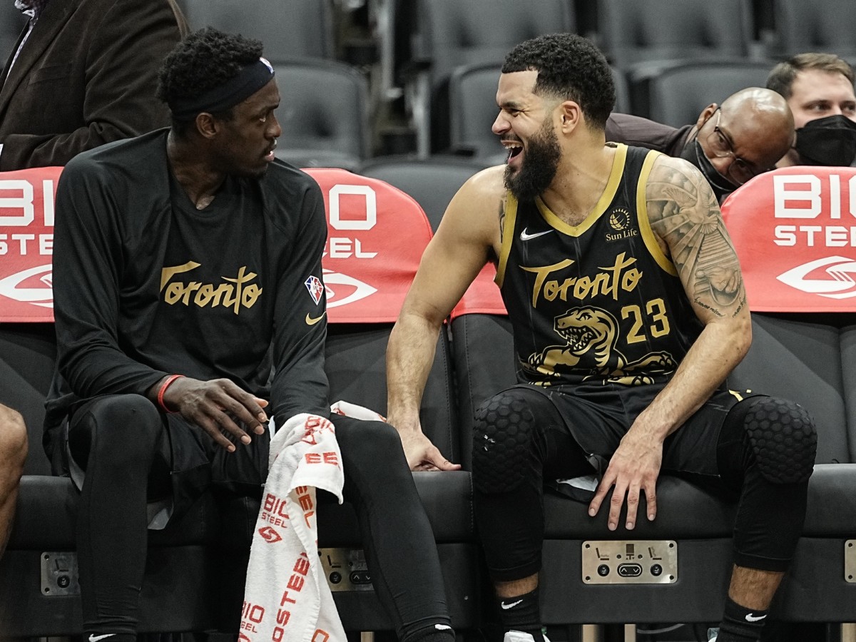 Toronto Raptors guard Fred VanVleet (23) shares a laugh with Toronto Raptors forward Pascal Siakam (left) during the fourth quarter against the Utah Jazz at Scotiabank Arena