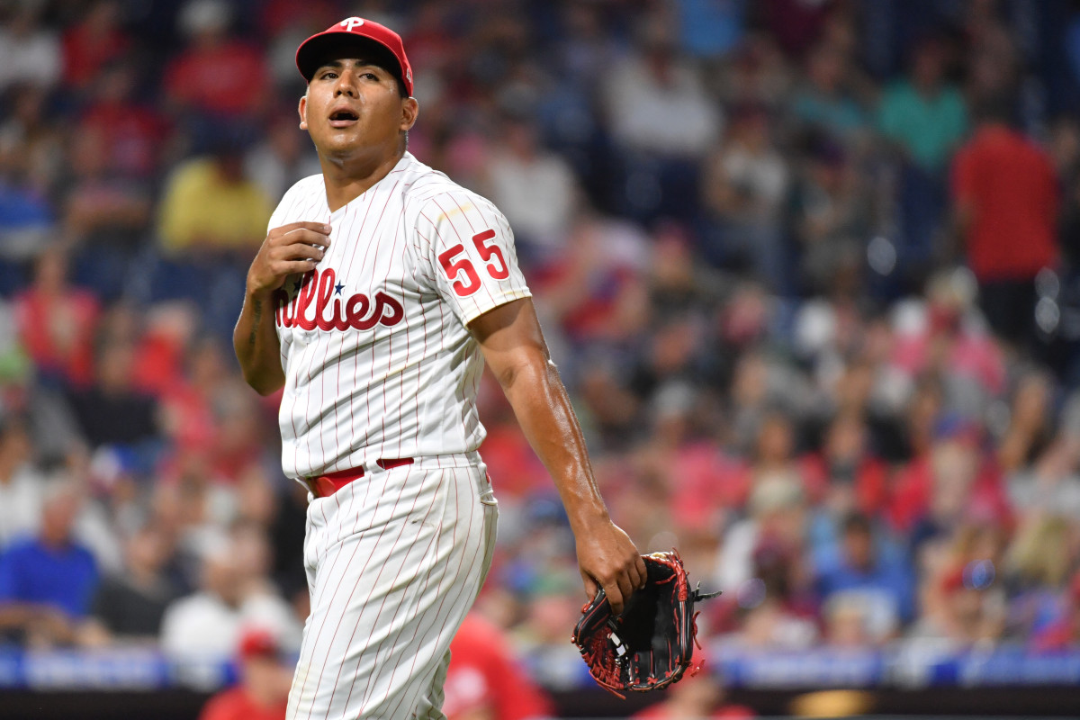 Philadelphia Phillies starting pitcher Ranger Suárez walks off the mound.