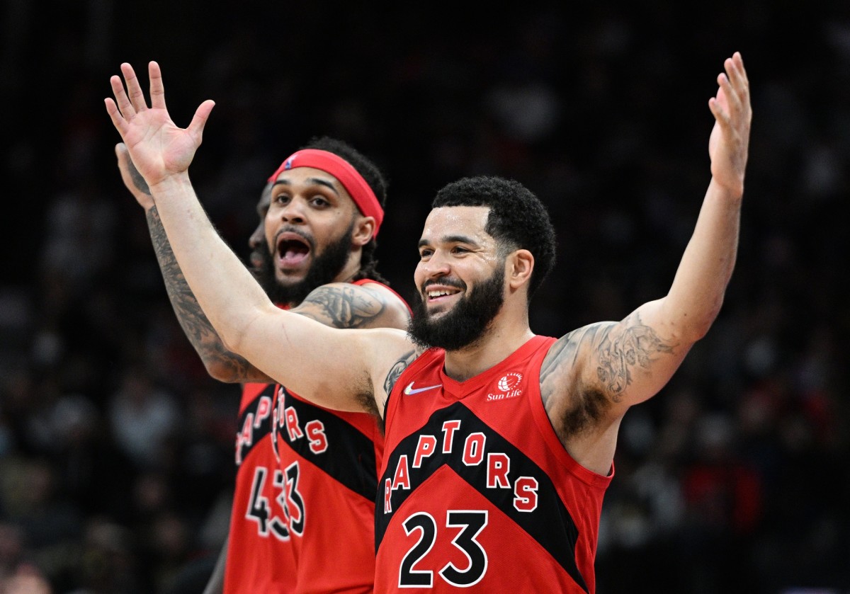 Toronto Raptors guard Fred VanVleet (23) celebrates after causing a turnover as guard Gary Trent Jr. (33) reacts in the second half against the Minnesota Timberwolves at Scotiabank Arena