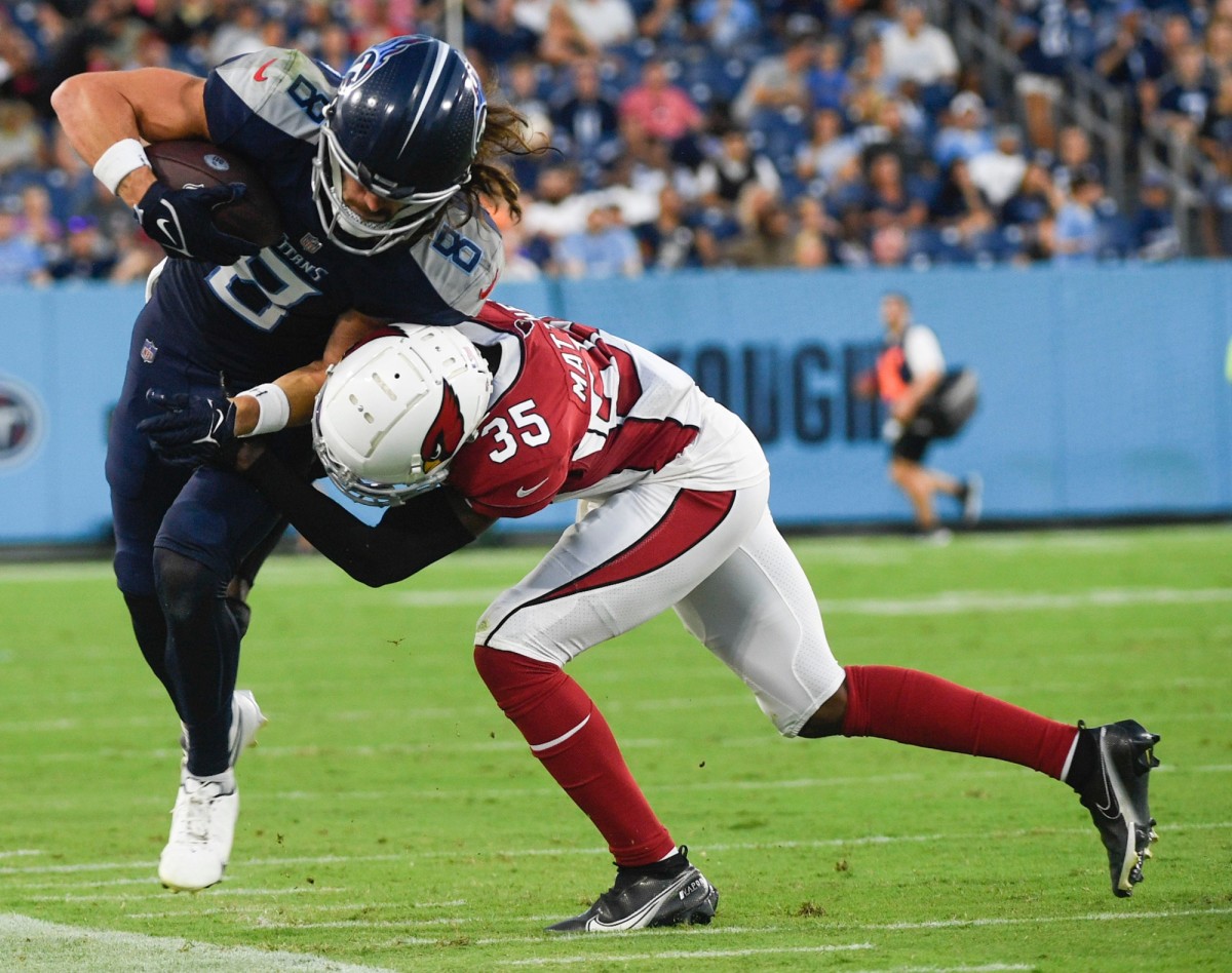 Tennessee Titans wide receiver Cody Hollister (8) is stopped after a catch by Arizona Cardinals cornerback Christian Matthew (35) during the second quarter of an NFL preseason game at Nissan Stadium Saturday, Aug. 27, 2022, in Nashville, Tenn.