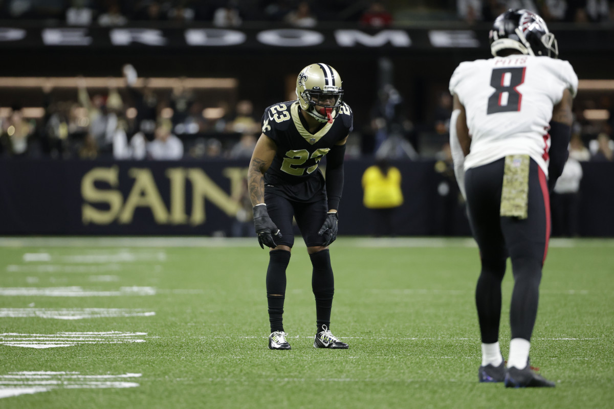 Saints CB Marshon Lattimore (23) matches up on Falcons TE Kyle Pitts (8) in coverage. Credit: USA TODAY 