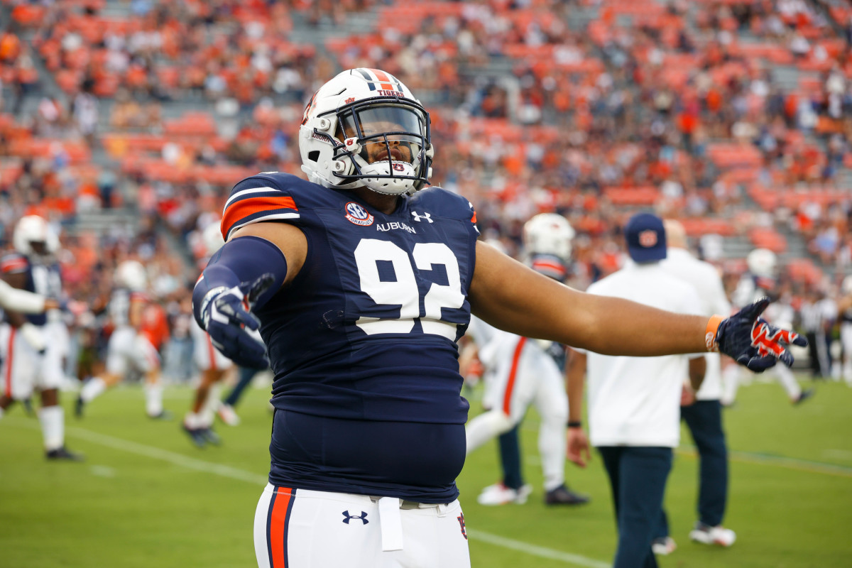 Auburn Tigers defensive tackle Marquis Burks (92) pumps up the crowd prior to the San Jose State vs Auburn game on Saturday, Sept. 10, 2022.