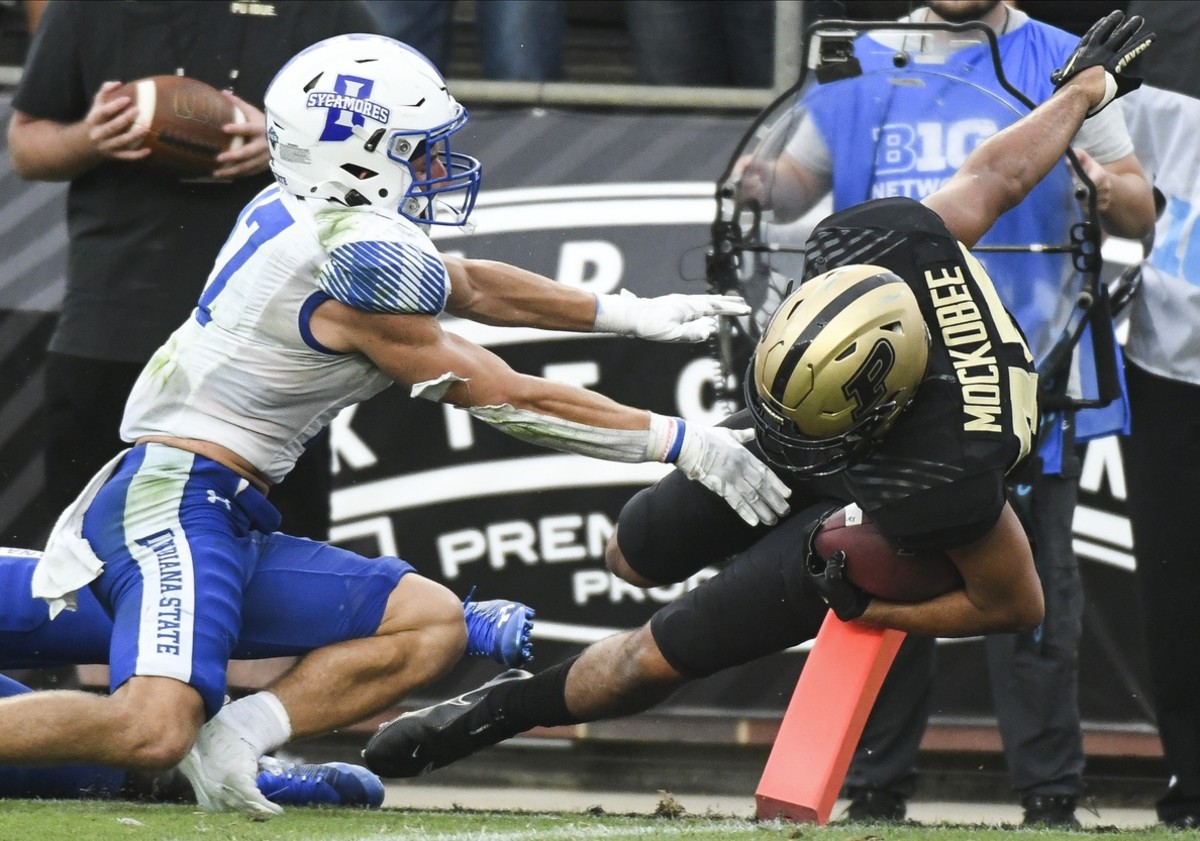 Sep 10, 2022; West Lafayette, Indiana, USA; Purdue Boilermakers running back Devin Mockobee (45) runs for a touchdown during the fourth quarter against the Indiana State Sycamores at Ross-Ade Stadium.