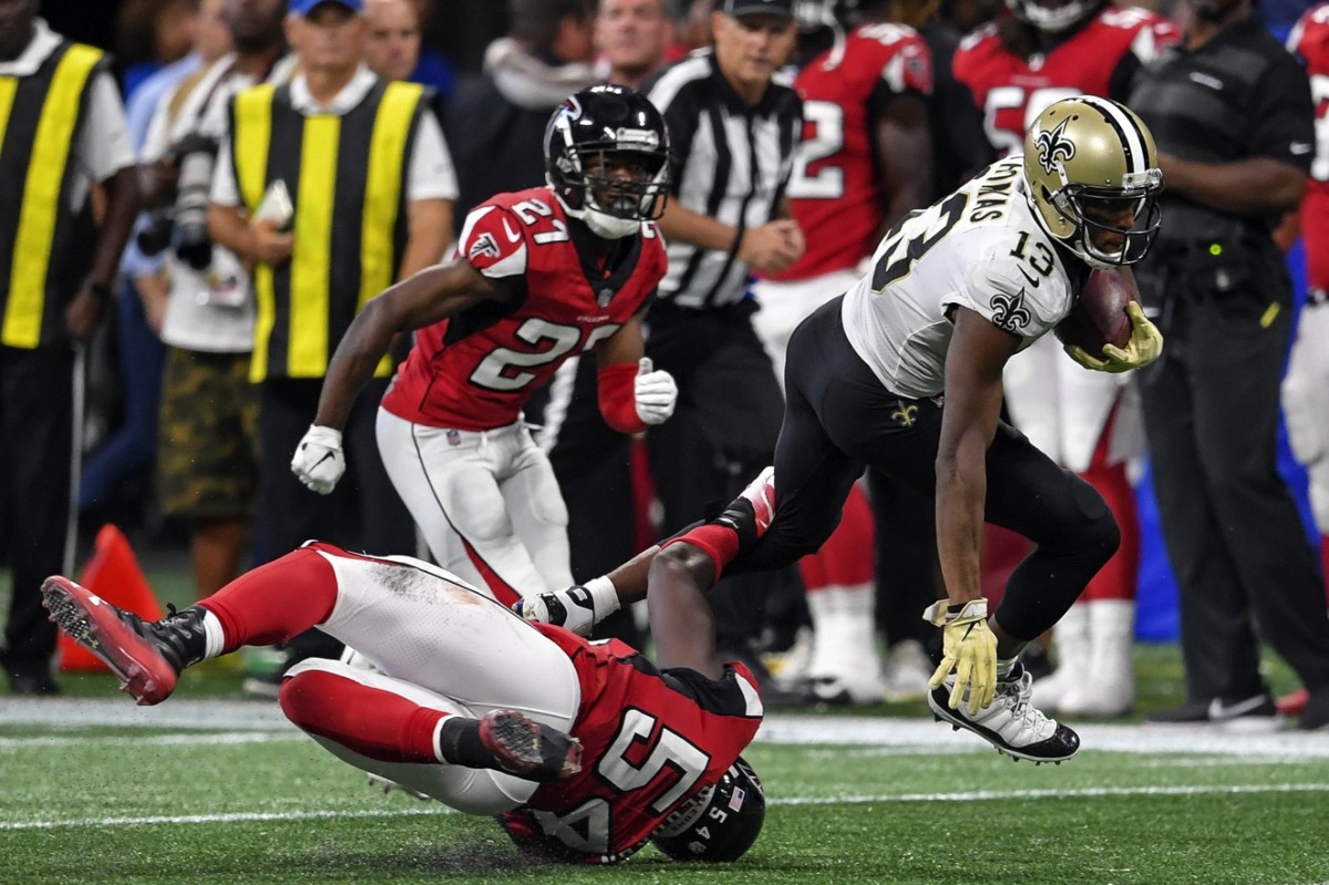 New Orleans Saints wide receiver Michael Thomas (13) after a reception against the Atlanta Falcons. Mandatory Credit: Dale Zanine-USA TODAY Sports