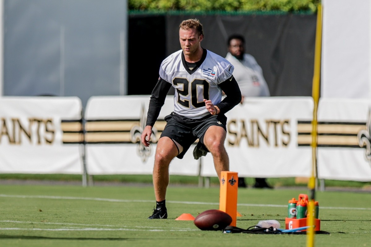 New Orleans Saints linebacker Pete Werner (20) works during training camp at Ochsner Sports Performance Center. Mandatory Credit: Stephen Lew-USA TODAY Sports