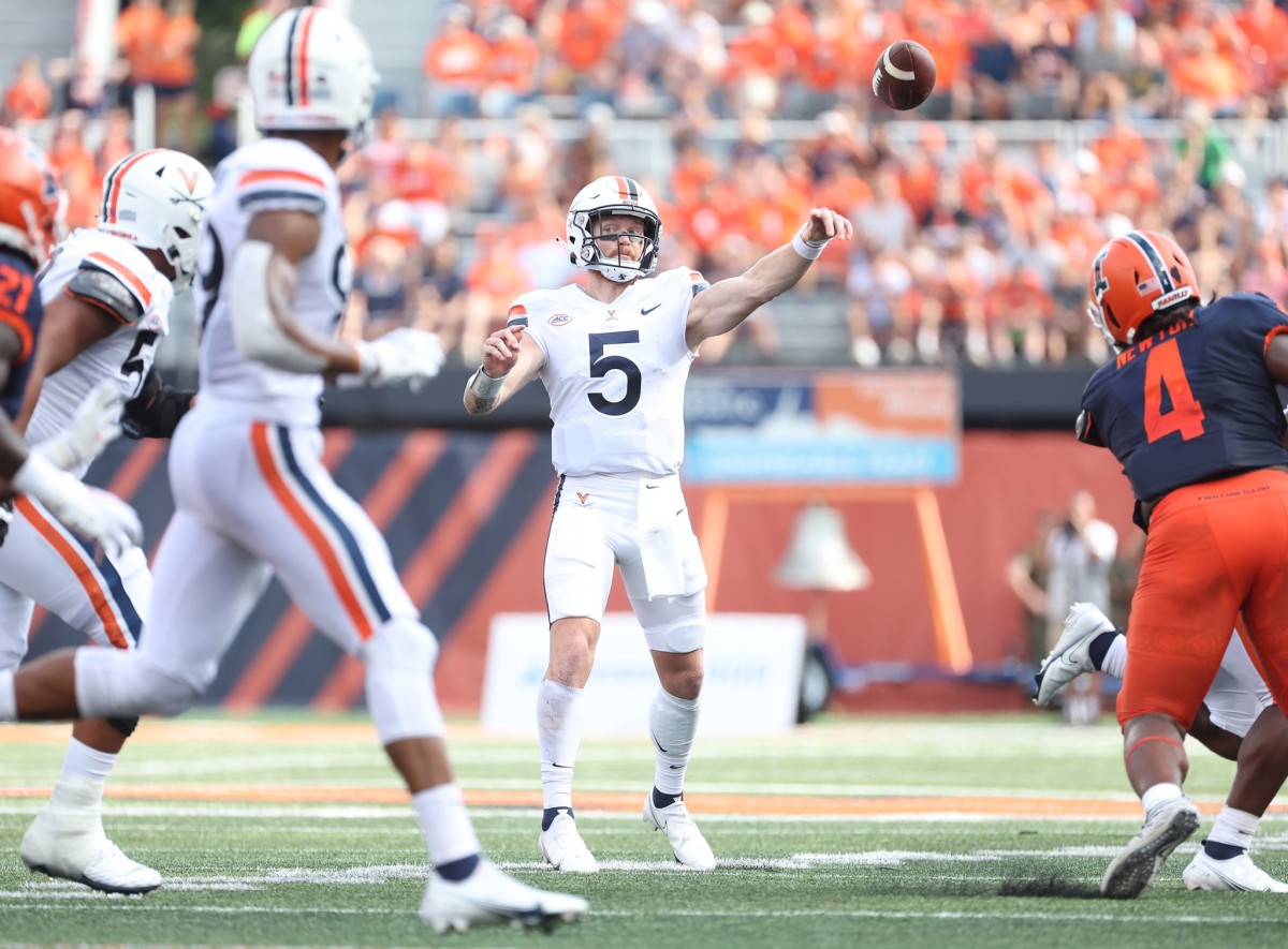 Virginia Cavaliers quarterback Brennan Armstrong attempts a pass during UVA's 24-3 loss at Illinois.