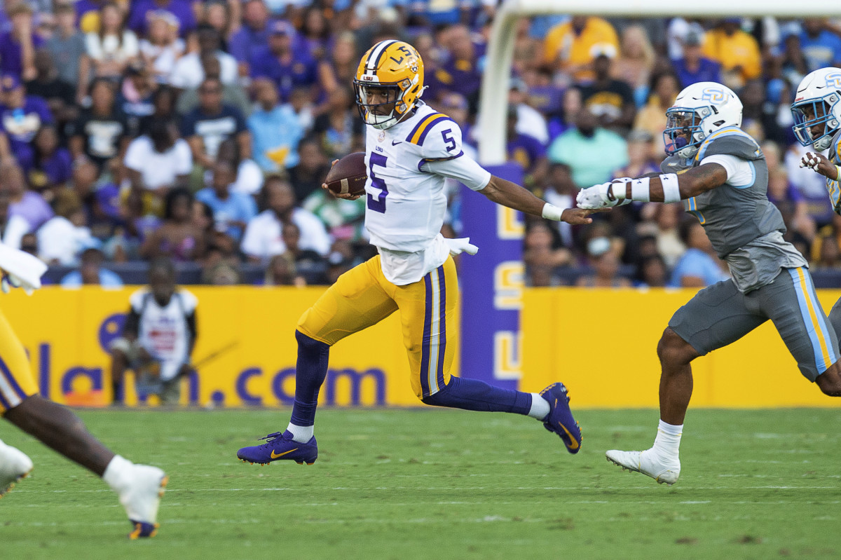LSU quarterback Jayden Daniels runs the ball against Southern University during an NCAA college football game Saturday, Sept. 10, 2022, in Baton Rouge, La. (Scott Clause/The Daily Advertiser via AP)