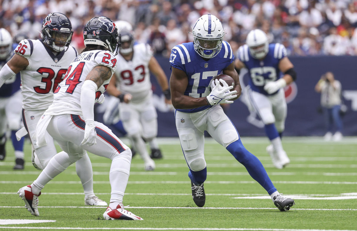 Sep 11, 2022; Houston, Texas, USA; Indianapolis Colts wide receiver Mike Strachan (17) runs with the ball during the first quarter against the Houston Texans at NRG Stadium.