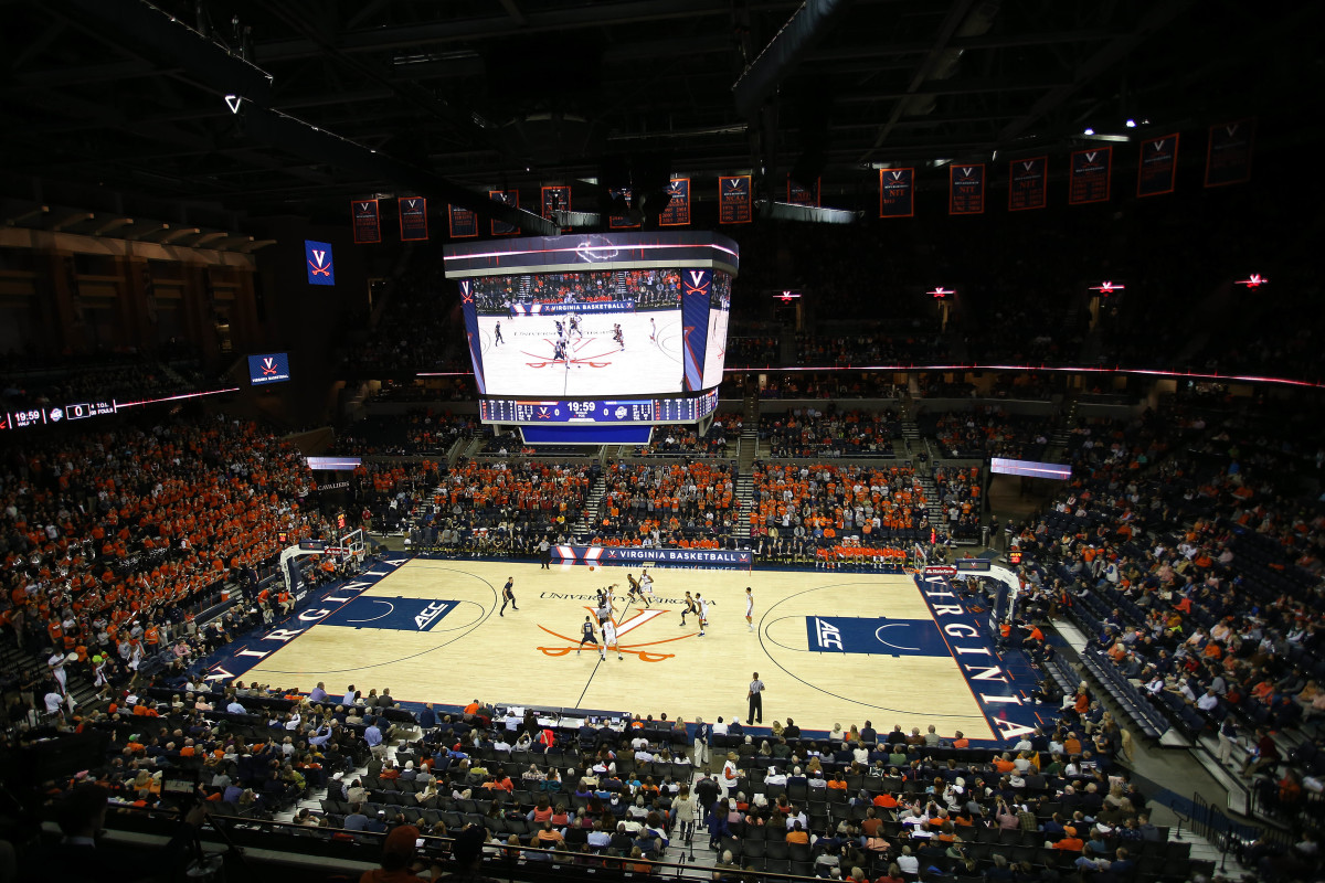 A general view of the opening tip of the game between the Virginia Cavaliers and the UNC-Greensboro Spartans at John Paul Jones Arena. The Cavaliers won 60-48.