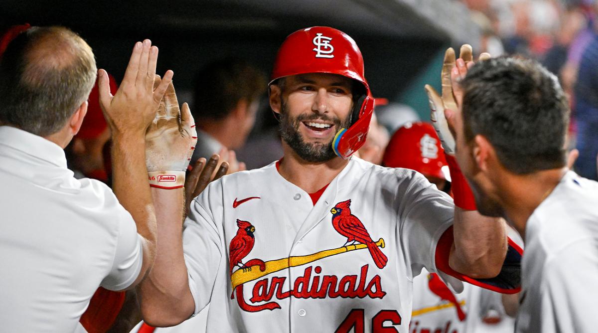 Aug 16, 2022; St. Louis, Missouri, USA; St. Louis Cardinals first baseman Paul Goldschmidt (46) is congratulated by teammates after hitting a two run home run against the Colorado Rockies during the fifth inning at Busch Stadium.