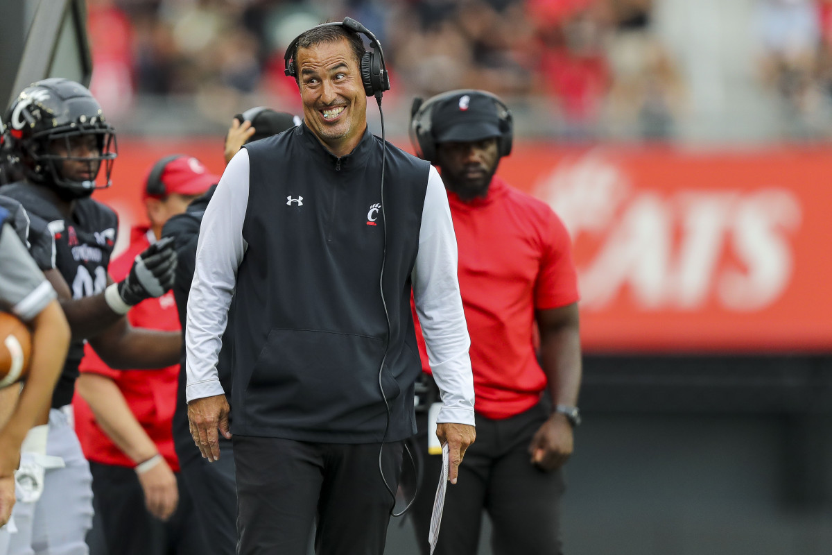 Sep 10, 2022; Cincinnati, Ohio, USA; Cincinnati Bearcats head coach Luke Fickell reacts after a touchdown scored against the Kennesaw State Owls in the second half at Nippert Stadium. Mandatory Credit: Katie Stratman-USA TODAY Sports